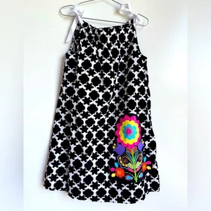 Hanna Anderssen Girl's Dress Black White Bow Tie Bright Floral 100% Cotton Sz 6 - Picture 1 of 8