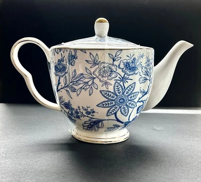 Grace Teaware Blue & White Floral With Gold Trim Teapot  Fine Porcelain - Image 1 of 4