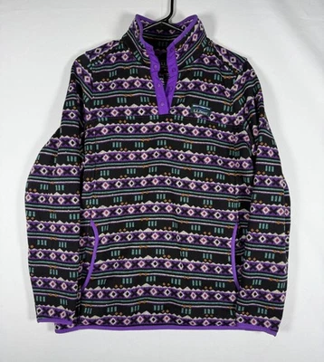 LL Bean Womens Fleece Sweater Aztec Medium Kangaroo Pockets Purple Black Teal - Image 1 of 4