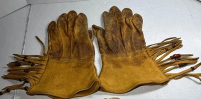 Vintage Churchill Gauntlet Buckskin Fringed Gloves Beads Size 10 Worked REVISED - Image 1 of 4