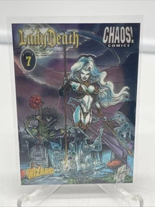 Tarjeta promocional cromada 1996 WIZARD/CHAOS COMIC #7 LADY DEATH CASI NUEVA/COMO NUEVA - Imagen 1 de 10