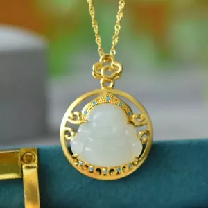 Natural White Jade Maitreya Buddha Pendant18K Silver-Plated Real Jewelry - Picture 1 of 5