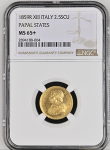 Gem! Italy Papal States (Vatican) 1859 Plus IX 2.5 Scudo NGC 65+ Gold Coin - Picture 1 of 2