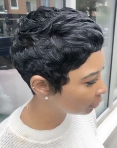Pixie Cut Curly Wave Short Bob No Lace Human Hair Wig Black Glueless Short Wigs - Picture 1 of 15