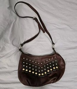 B Makowsky Hobo Handbag Brown Leather Fringe Studs Purse Crossbody Unused - Picture 1 of 9