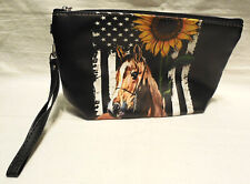 Zipper Pouch Horse Purse Wallet Bag Clutch Lined Wristlet Sunflower Flag Vinyl