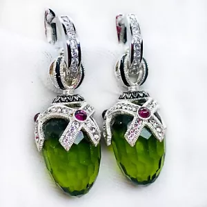 925 Sterling Peridot Faberge Egg Earrings Crystals Genuine Garnets Enamel Hoops - Picture 1 of 16