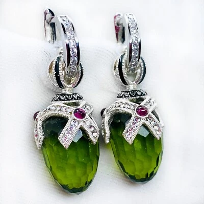 925 Sterling Peridot Faberge Egg Earrings Crystals Genuine Garnets Enamel Hoops - Image 1 of 4