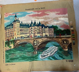 Promenade Sur La Seine Paris River Scene Boat etc Vintage Needlepoint Canvas - Picture 1 of 1