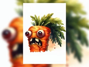 Crazy Carrot Monster 5"x7" Print on Matte Paper | Funny Watercolor Food Creature - Picture 1 of 9