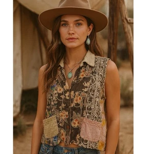 Sacred Threads M/L Button Up Patchwork Top Western Boho Artsy Hippie Eclectic - Picture 1 of 12