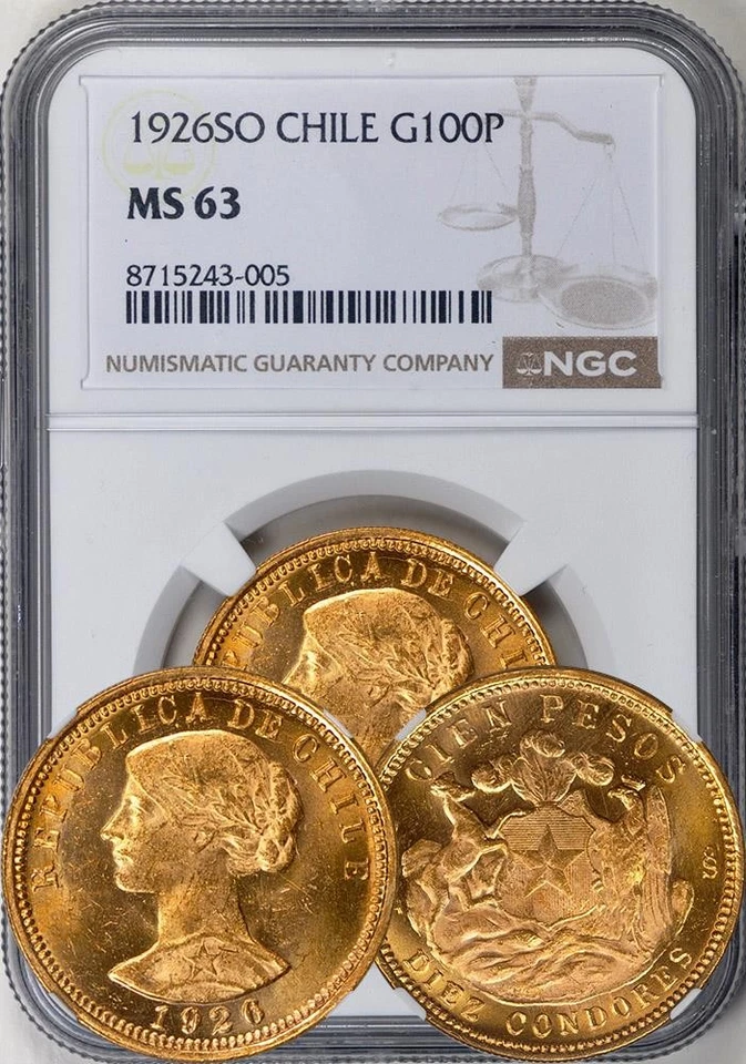 ЧИЛИ - РЕСПУБЛИКАНСКОЕ ЗОЛОТО 100 ПЕСО 1926-SO оценено NGC как MS-63. ТИП 1 ГОД! - Изображение 1 из 1
