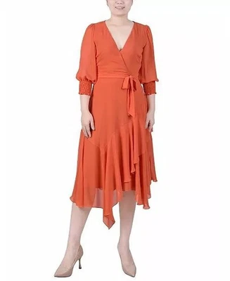 Vestido de gasa naranja manga 3/4 con cinturón talla pequeña NY Collection para mujer talla PXL Foto 1 de 4