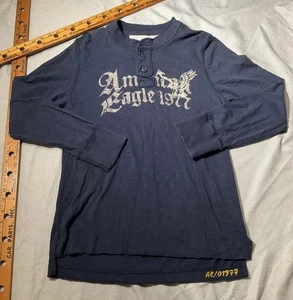 American Eagle Shirt Mens M Blue Henley Bird Graphic Grunge Preppy Spellout Y2K - Picture 1 of 13