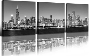 Chicago Skyline Leinwand Wandbild - Schwarz-Weiß Nacht Gebäude Stadtbild Leinwand - Bild 1 von 7
