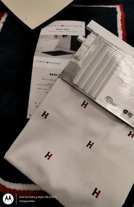 Tommy Hilfiger set SHOWER CURTAIN & BATH RUG MAT Luxury stripe embroidery NEW - Picture 1 of 23