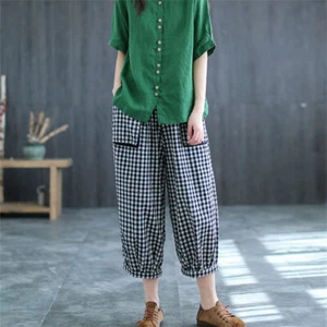 Lady Linen Cotton Harem Pants Checked Baggy Loose Elastic Waist Wide Legs Casual - Bild 1 von 14