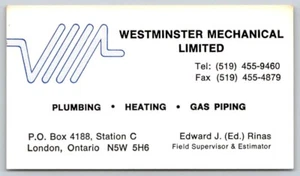Business Card London ON Westminster Mechanical Plumbing Heating Gas Edward Rinas - Bild 1 von 2