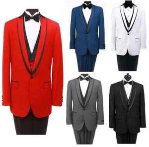 Slim Fit 1 Button Peak Shawl Lapel Satin Black Trim Collar Prom Tuxedo With Vest - Picture 1 of 15