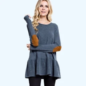 Blue Knit Tiered Hem Top with Suede Elbow Patches - Size Med - Picture 1 of 4
