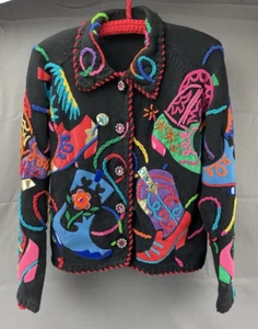 Suéter Michael Simon New York Con Botas Vaqueras Occidentales Talla Pequeña Negro 1995 - Imagen 1 de 7