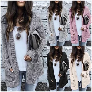 Womens Long Sleeve Open Front Knit Sweater Cardigan Loose Outerwear with Pockets - Picture 1 of 33