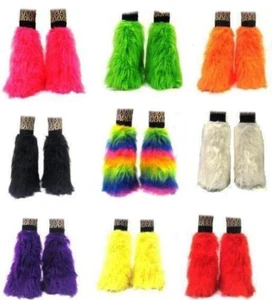 NEON UV RED WHITE GREEN FLUFFIES FLUFFY LEGWARMERS FURRY BOOT COVERS CHRISTMAS - Picture 1 of 3