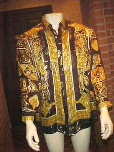 VINTAGE MEN'S CETA DOLCE METALLIC SILK SHIRT GREEK PRINT BLACK SILVER & GOLD MED - Picture 1 of 10