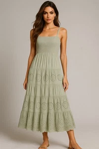 Jessica Simpson Dress Womens M Green Tiered Cottagecore Smocked Boho Maxi Eyelet - Picture 1 of 16
