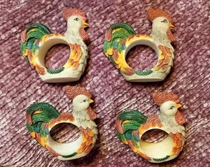 Vintage Boho Resin Handpainted Rooster Napkin Ring Holders Farmhouse Decor Set 4 - Picture 1 of 4