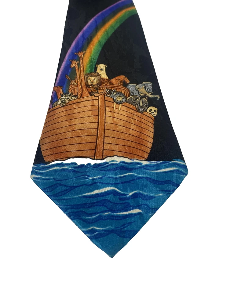 Corbata de colección A. Rogers para hombre negra Arca de Noé arco iris animales novedad años 90 Foto 1 de 4