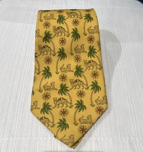 Salvatore Ferragamo Mens Silk Neck Tie Yellow Jungle Cheetah Palm Tree Italy EUC - Picture 1 of 9