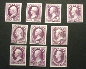 US 1873 OFFICIAL COMPLETE SET STAMPS PLATE PROOFS ON INDIA *JUSTICE* O25P3- - Picture 1 of 1