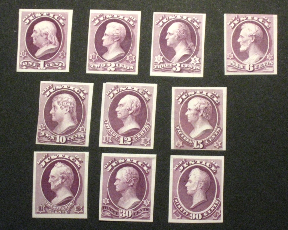 US 1873 OFFICIAL COMPLETE SET STAMPS PLATE PROOFS ON INDIA *JUSTICE* O25P3- - Image 1 of 1
