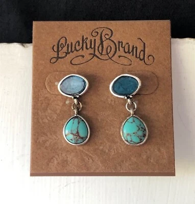 Lucky Brand Silver Tone Metal Blue Glass and Turquoise Drop Dangle Stud Earrings - Image 1 of 4