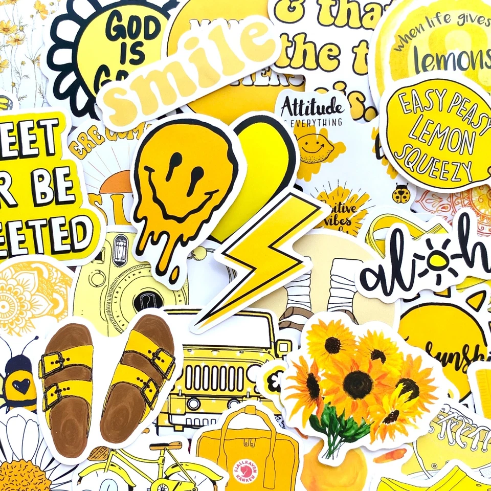 Lindas calcomanías amarillas Kawaii de 5-50 piezas, calcomanías para computadora portátil cita divertida flor sol abeja Foto 1 de 4