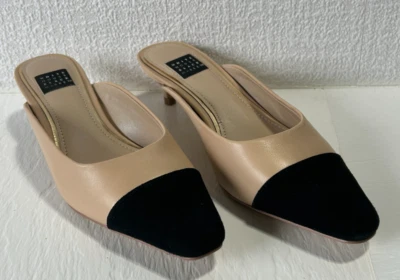 WHBM Casa Blanca Mercado Negro Cuero Tejido Mulas Planas 5M Zapatos sin cordones Toboganes Foto 1 de 4