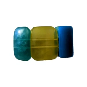 Vintage Lucite Stretch Bracelet, Blue Yellow Green Lucite 2 Inch Wide Mod Retro - Picture 1 of 6