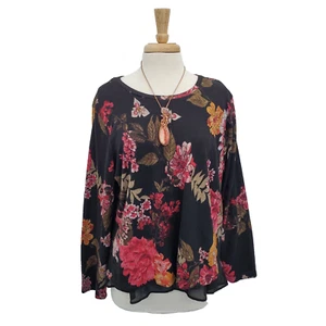 Suéter de mujer floral con ribete de gasa abierto atado trasero talla grande 1X papel tapiz negro - Imagen 1 de 17