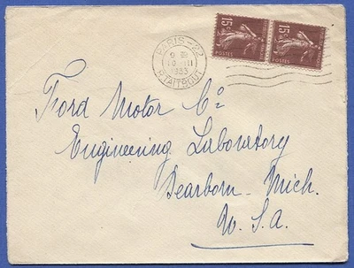FRANCE  1933 Paris cover, pair 15c Semeuse to Ford Motor Co, Michigan USA - Image 1 of 2