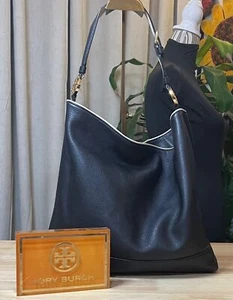 AUTHENTIC TORY BURCH Vintage Black Hobo with White Piping! RARE! - Picture 1 of 9