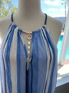 $49 Mlle Gabrielle Smiles Fashion Maxi Dress Stripes Blue White Lined sz 1X NEW - Picture 1 of 16