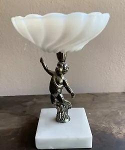 Vintage Brass Cherub Marble Base Milk Glass Soap Dish Made In Italy Art Deco - Picture 1 of 9
