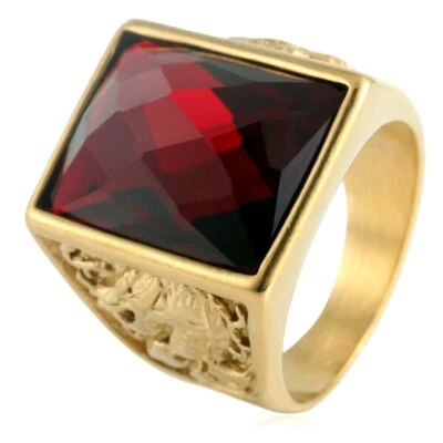 Anillo de boda clásico de acero inoxidable con circonita cúbica roja chapado en oro para hombre Foto 1 de 2