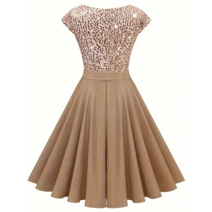 Women's Elegant Sequin V Neck Cap Sleeves Pleated Evening Cocktail Dress - Picture 1 of 4