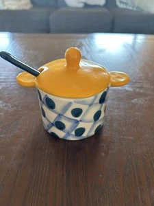 Anthropologie Navy Tivoli Sugar Bowl & Spoon Handpainted Stoneware - Picture 1 of 8