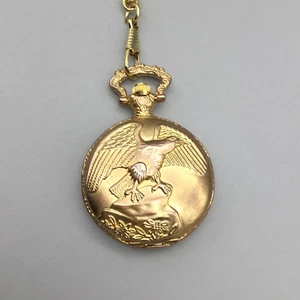 Vintage Eagle Gold Tone Quartz Pocket Watch 46mm Chain New Battery - Picture 1 of 15