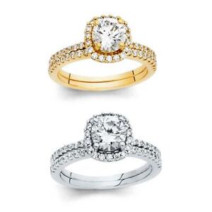 14k Yellow White Gold - 1 ct Round CZ Halo Engagement Ring Wedding Band Set, 6-9
