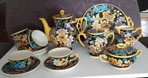 SALE 20% off ANTIQUE TEASET GILMAN & CTA SACAVEM PORTUGAL BLACK & YELLOW FLORAL - Foto 1 di 9