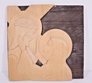 Carved Jesus and Mary 10” Vtg 1973 Mid Century Mod Folk Art 2 Pc Wood Plaque - Picture 1 of 12